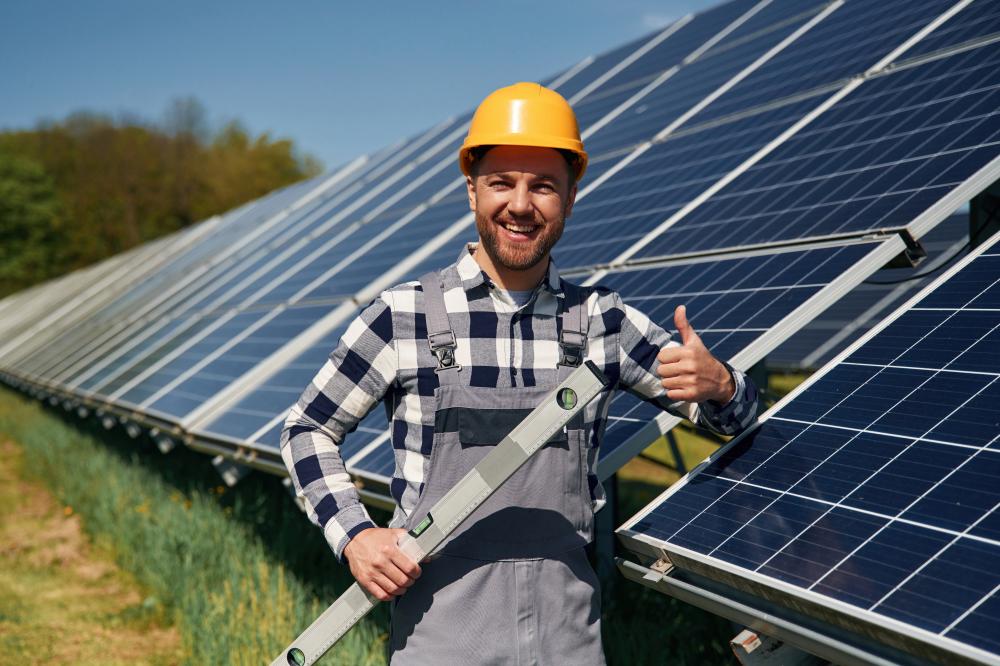 Worker installing solar panels on a commercial roof